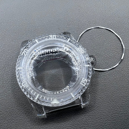 40MM green luminous plastic watch case with acrylic mirror for 8215 8200 821A 2813 movements, durable and lightweight.