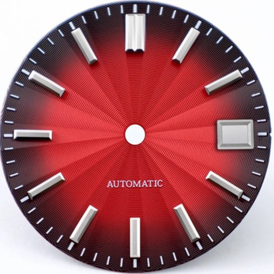 Gradual red and black 28.5mm Microgroove Modified Watch Dial with date window, compatible with NH35 NH36 NH38 movements.