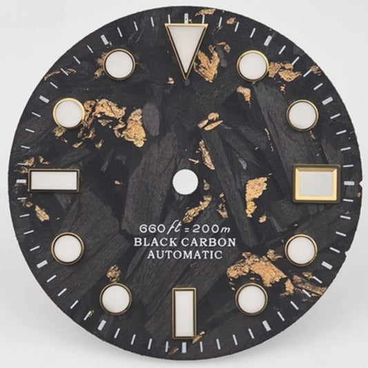 Triangle 28.5mm Carbon Fiber Watch Dial in Black and Gold for NH34/35 with Luminous Markers by Triangle