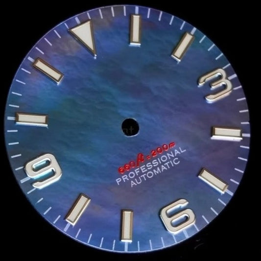 Blue 28.5mm Natural Seashell Vein Watch Dial with Blue Lume for NH35, modified design.
