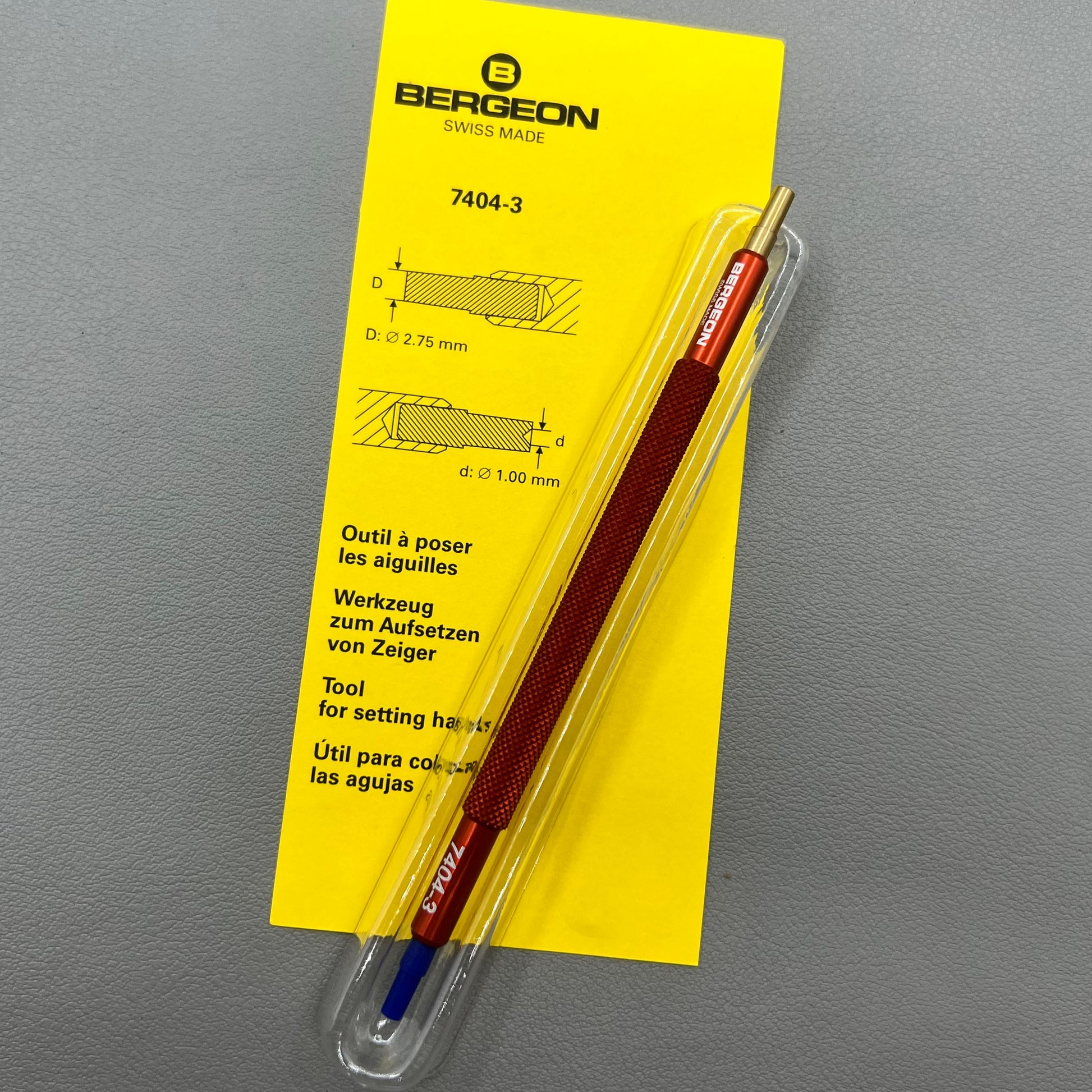 Swiss Bergeon 7404-3 watch hand fitting tool for precise watch hand installation and repair.