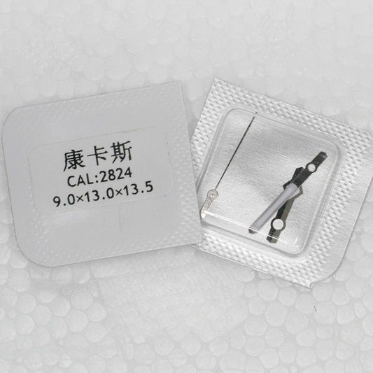 Silver-trimmed green lume watch hands for ETA2824 movement, precise fit.