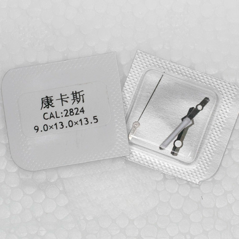 Silver trim green lume watch hands designed for ETA2824 movement, enhancing legibility and style.