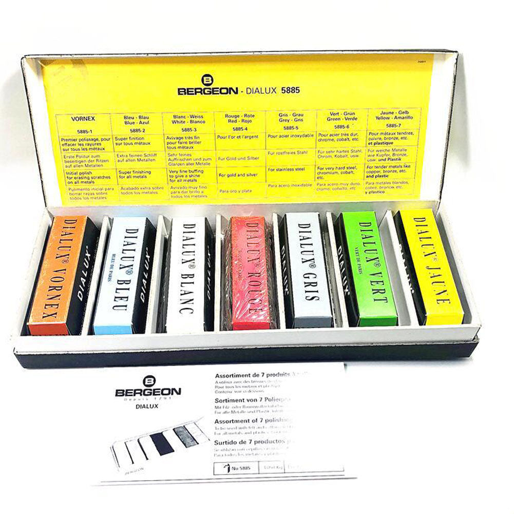 Bergeon 5885 DIALUX Rouge polishing set featuring 7 premium watch accessory products for professional metal finish.