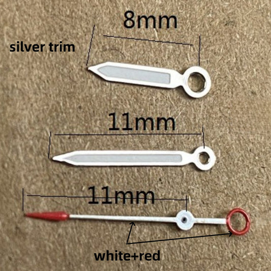 Red pointed green lume watch hands set for Ronda 515 quartz movement, 11x11x8mm size.