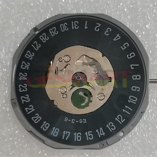 Black dial watch with Miyota 1M12 quartz movement, 3 hands, date at 6 o?clock, sleek stem design.