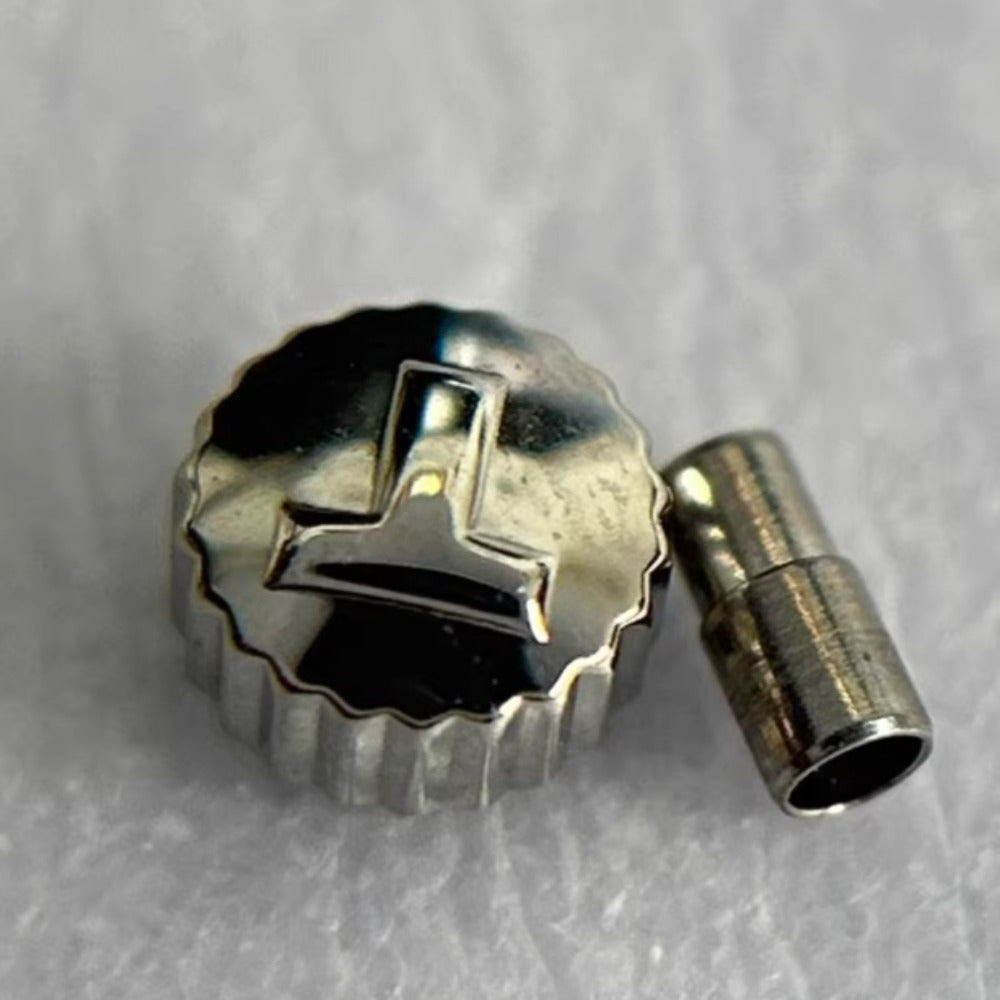 Polished steel silver watch crown for Tissot T033, durable replacement part for watch repair.