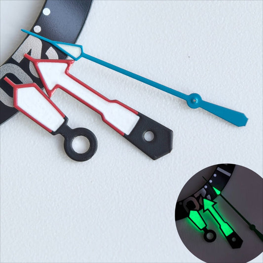 Red-trimmed white and blue watch hands with green lume for NH35/36 movement, enhancing visibility and style.