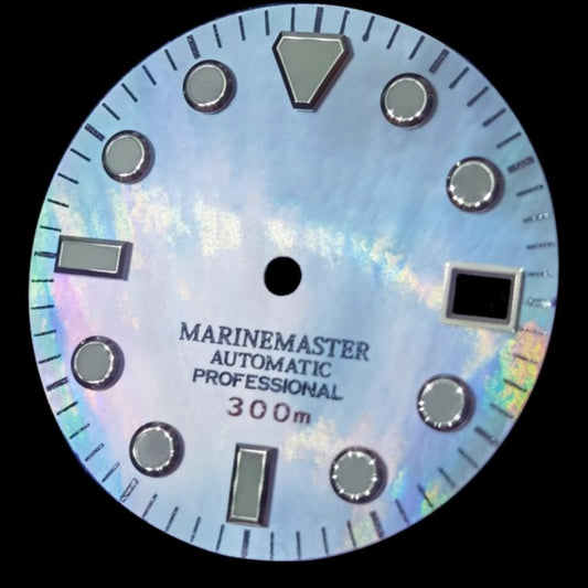 Light Blue 28.5mm MOP diving watch dial with green lume, Seashell brand for NH35/NH36 movement.