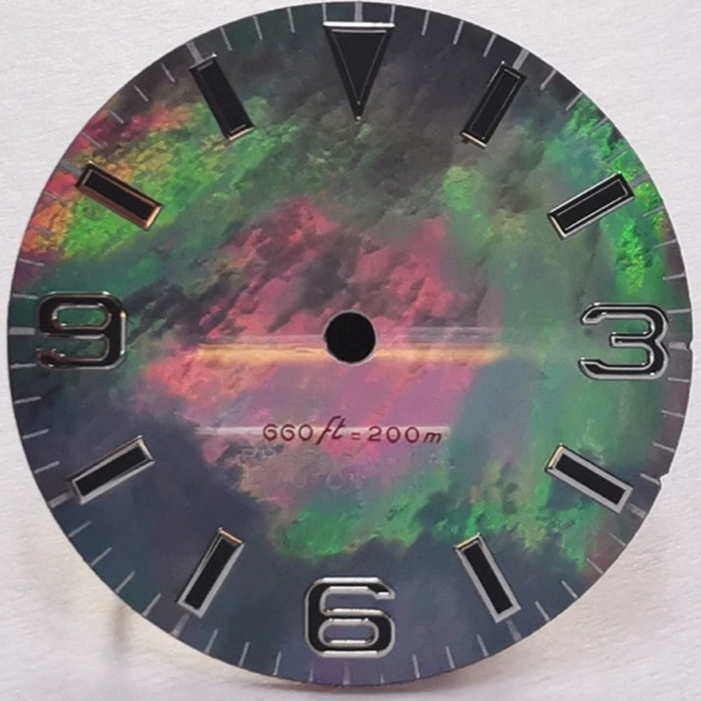 Universe 28.5mm green lume seashell watch dial with C3 BGW9, compatible with NH35, ideal for 200m diving watches.