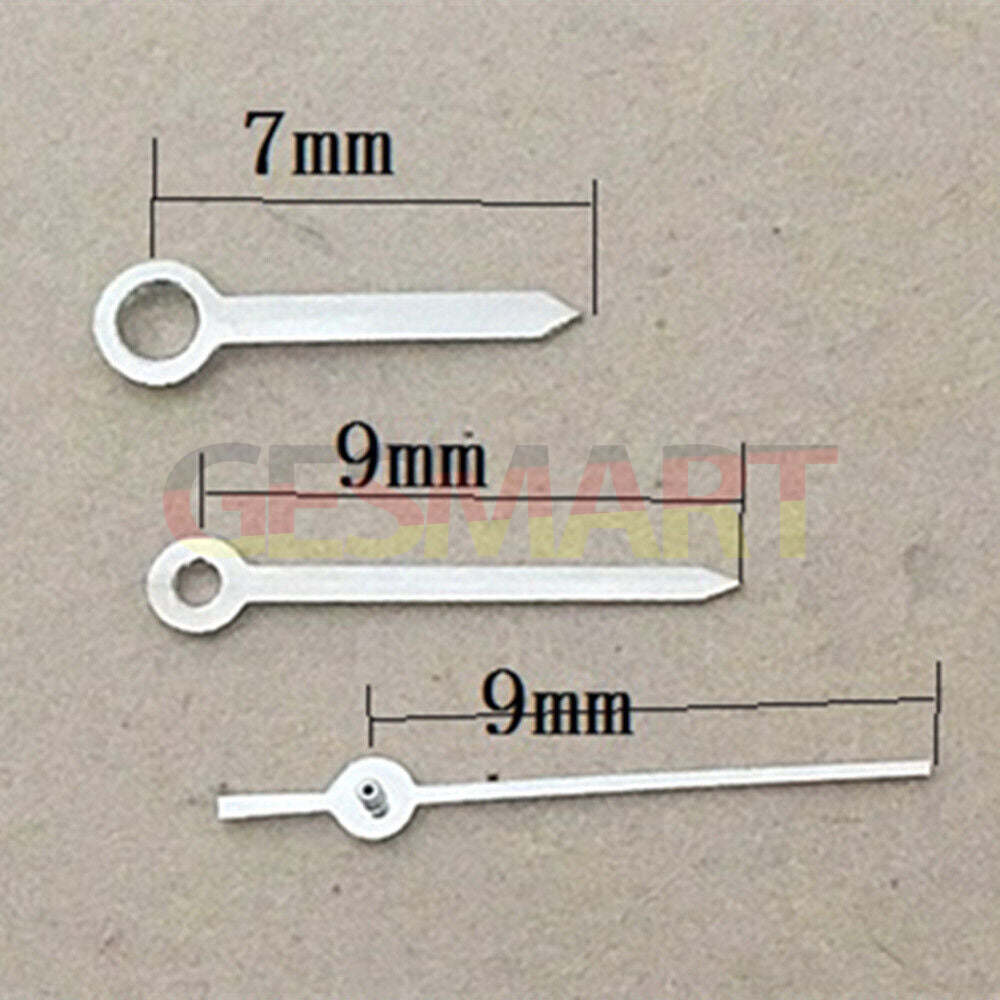 9mm silver arrow-shaped watch hands for Miyota 6M12 quartz movement, precise and stylish.