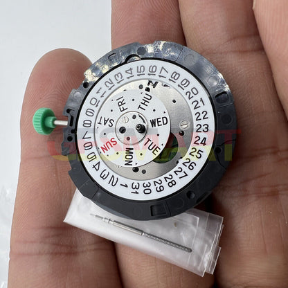 Japan-made MIYOTA OS00 quartz watch movement showing day and date functions for precise repair.