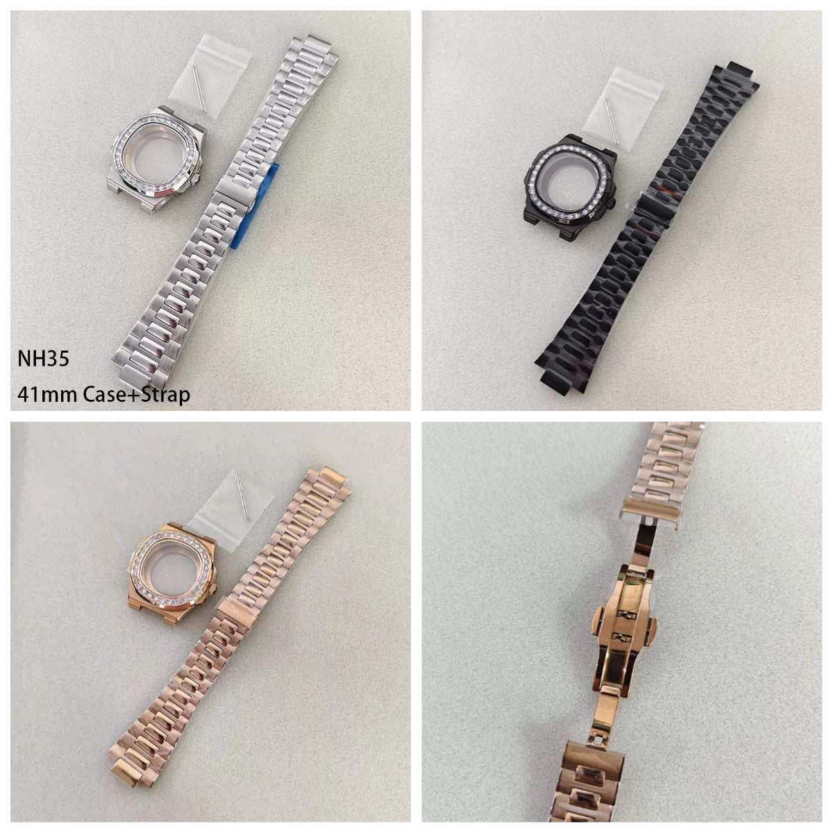 41mm Silver Watch Case+Strap Diamond inlaid Material Waterproof Fit NH35/NH36
