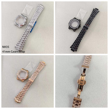 41mm Silver Watch Case+Strap Diamond inlaid Material Waterproof Fit NH35/NH36