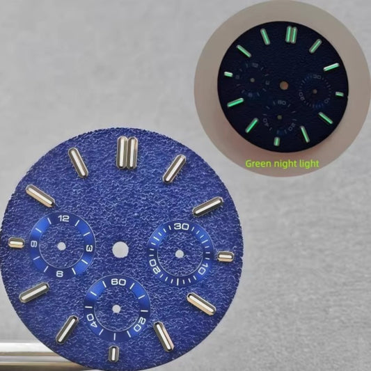 Dark blue 31mm Oak Tree watch dial with green lume, matte finish, fits VK63 quartz movement.