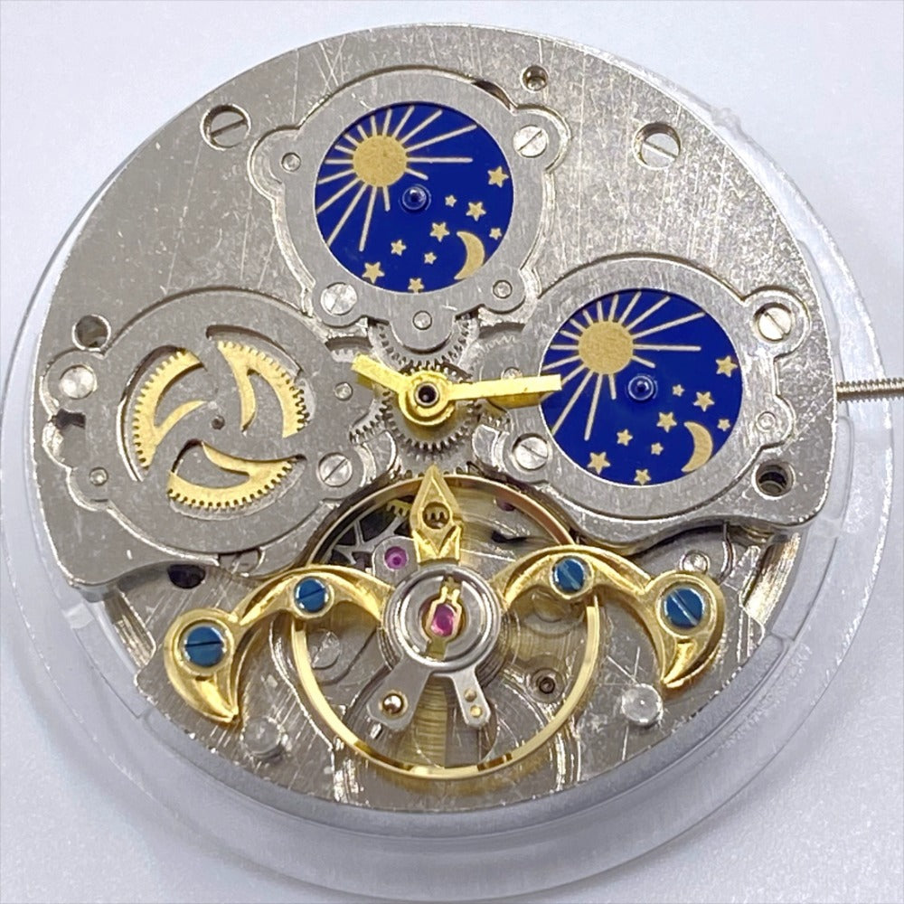 China-made automatic watch with mechanical movement, moon phase at 12, balance wheel at 6, for watch accessories.