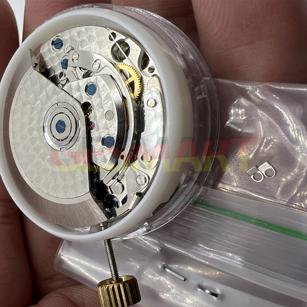 ETA Asian 7750 chronograph movement with black dial, calendar at 3, small seconds at 9.
