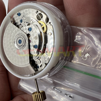 ETA Asian 7750 chronograph movement with black dial, calendar at 3, small seconds at 9.