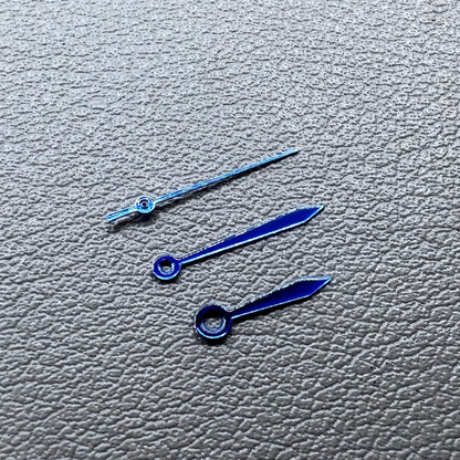 Blue 11mm arrow watch hands set, no lume, compatible with Miyota 2035 movement, brand quality.