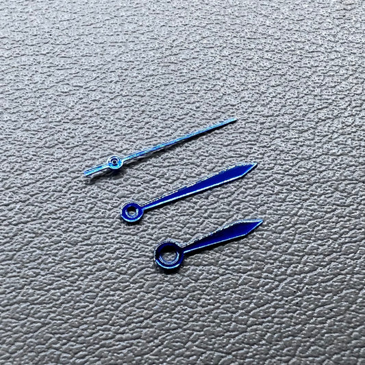 Blue 11mm arrow watch hands set, no lume, compatible with Miyota 2035 movement, brand quality.