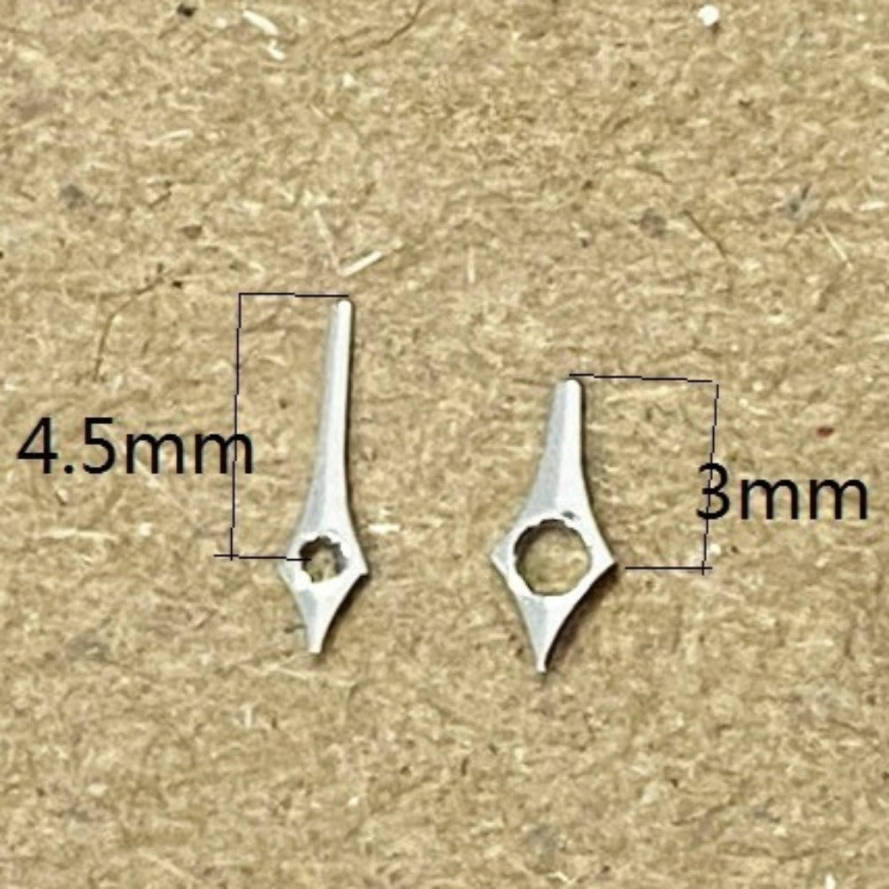 Silver 4.5x3mm watch hands compatible with Ronda 763, 762, 751, 1062, 1063 movements.