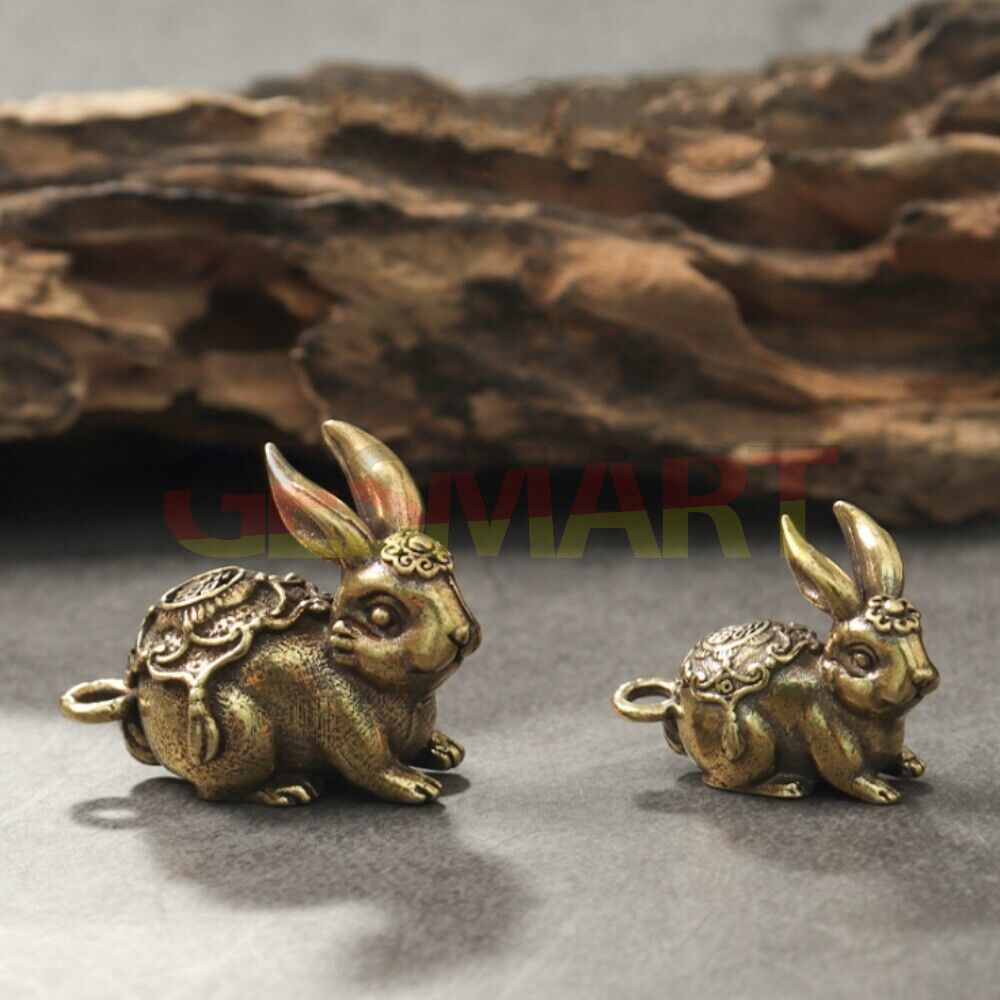Hand-carved Solid Copper Blessing Rabbit figurine pendant, detailed bronze finish accessory.