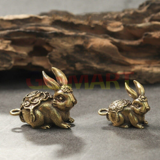 Hand-carved Solid Copper Blessing Rabbit figurine pendant, detailed bronze finish accessory.