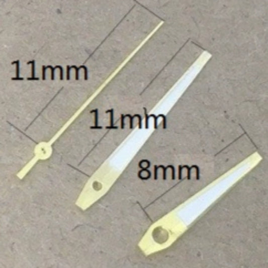 Golden trim hollow lume watch hands, 11x11x8mm, compatible with Miyota 2035 quartz movement, stylish and precise.
