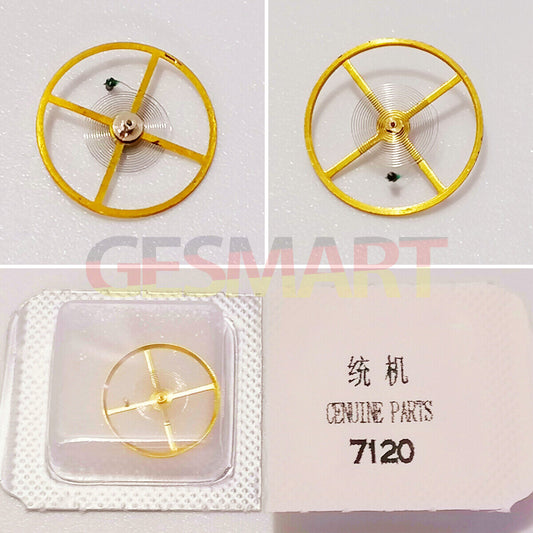 Golden balance wheel with hairspring for Shanghai 7120 watch movement, precision China-made component.