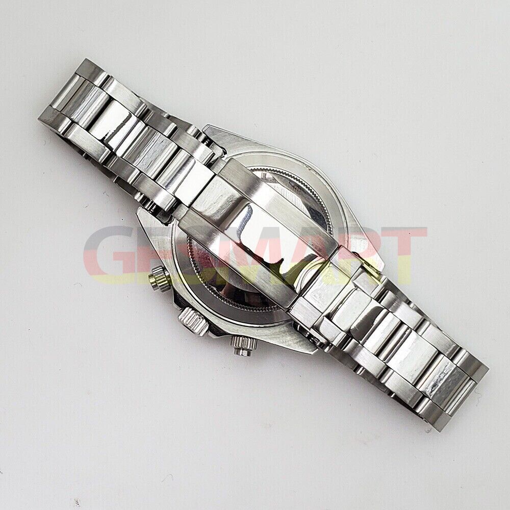 39mm VK63 chronograph watch with white dial, numeral disk, and scratch-resistant sapphire glass.