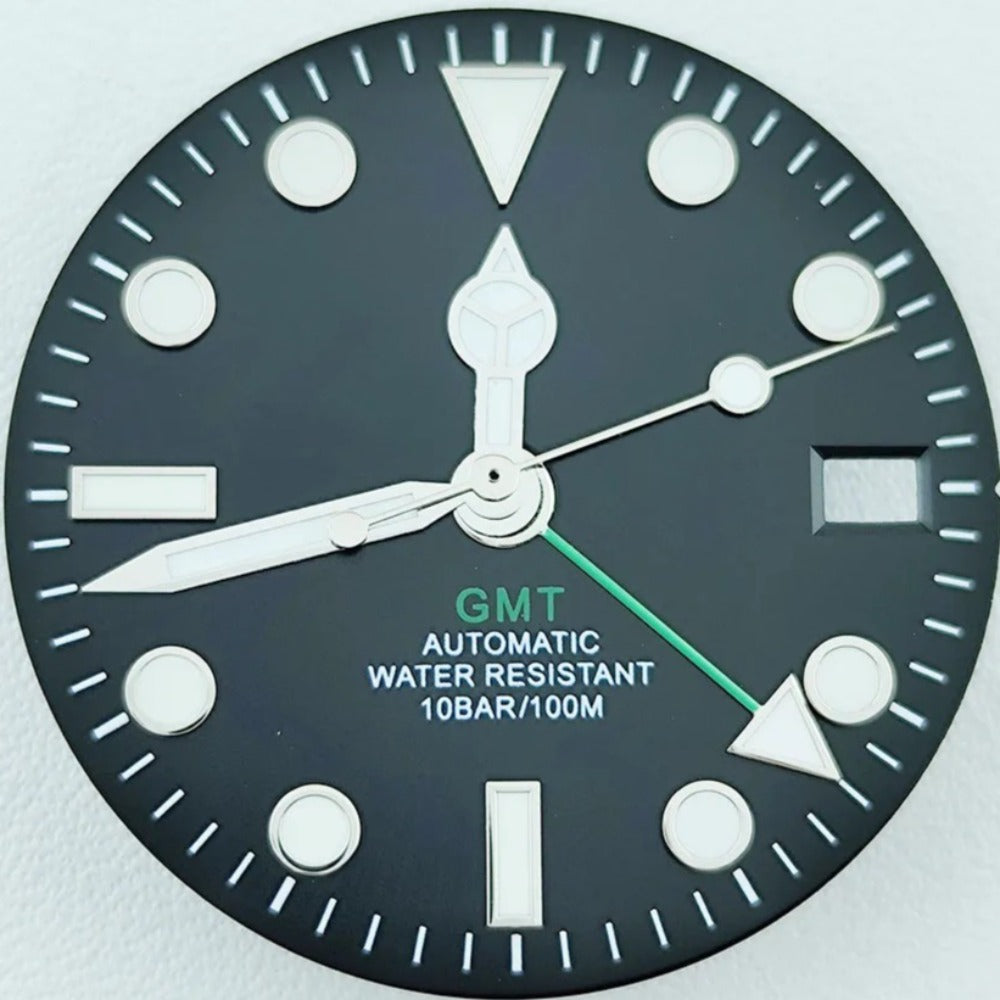 28.5mm Silver Trim Green Pointed GMT Hand Lume Watch Dial with Hands for NH34