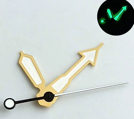 Arrow-shaped green lume watch hands with golden trim for NH35 NH36 7S26 NH70 NH72 movements
