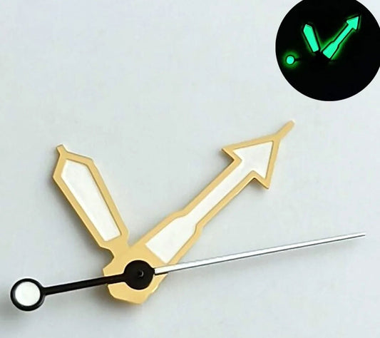 Arrow-shaped green lume watch hands with golden trim for NH35, NH36, 7S26, NH70, and NH72 movements.
