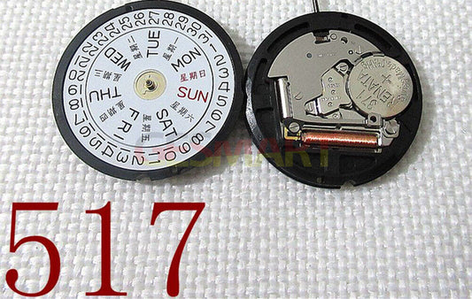 Ronda 517 Quarzuhrwerk, englisches und chinesisches Tag- und Datumsanzeige, 3 Schweizer Teile