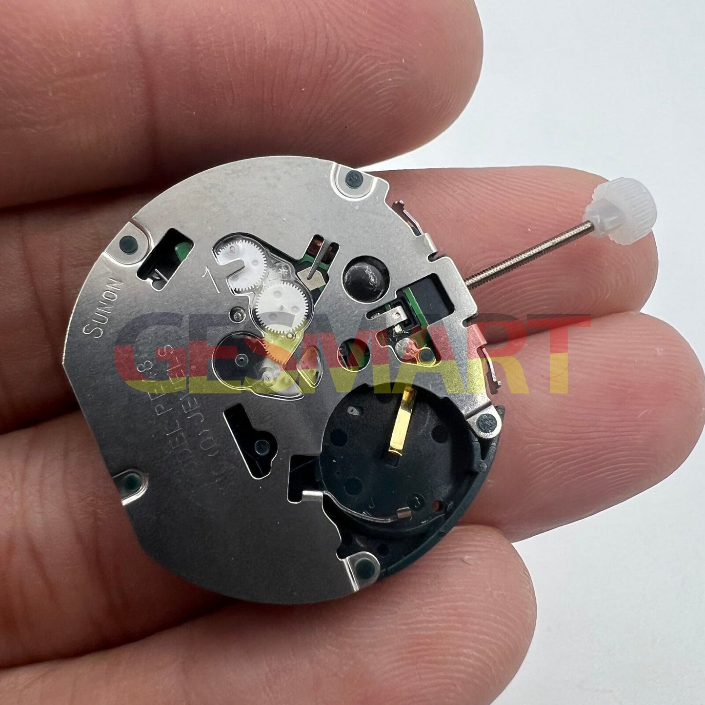Sunon PE48 quartz watch movement with two hands, date window at 3 o'clock, and small seconds subdial at 6.