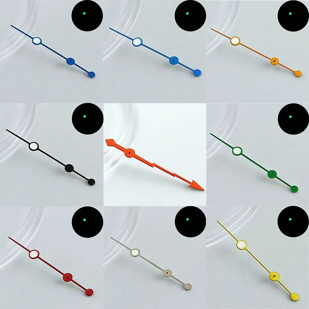 Green luminous watch hands for NH34, NH35, NH36 movements, personalized second hand.