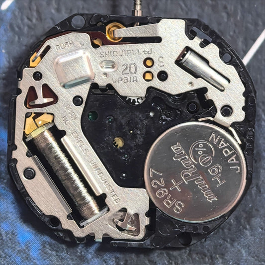 VP31.A quartz watch movement with 3 hands, no calendar, ideal for precise timekeeping and repairs.