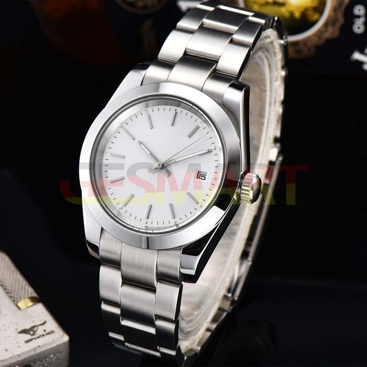 316L stainless steel 40mm men's wristwatch with sapphire glass, waterproof design, white dial, and silver nail markers.