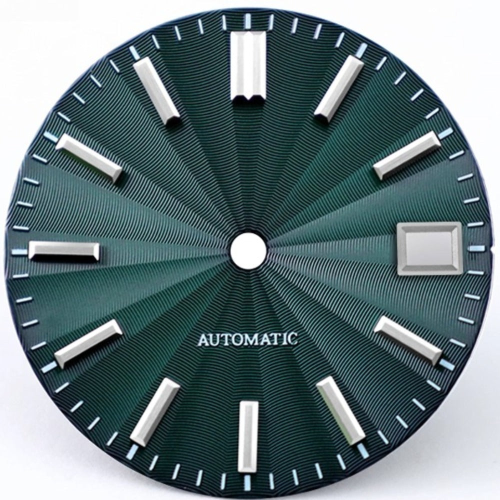 Dark green 28.5mm Microgroove watch dial for NH35 NH36 NH38 movements, enhancing custom watch builds.