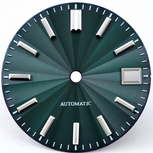 Dark green 28.5mm Microgroove watch dial for NH35 NH36 NH38 movements, enhancing custom watch builds.