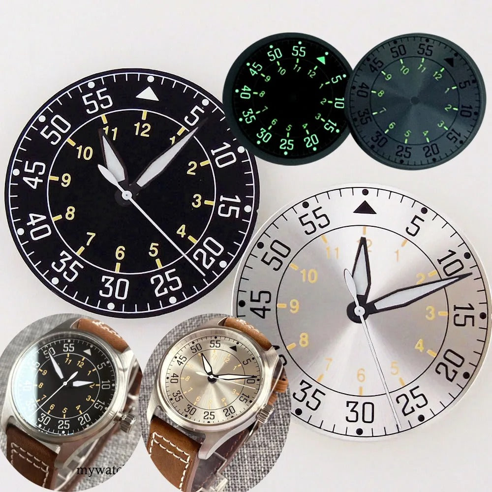 Sterile 33.6mm sunburst silver watch dial for 39mm pilot wristwatch with NH35A/NH36A movement.