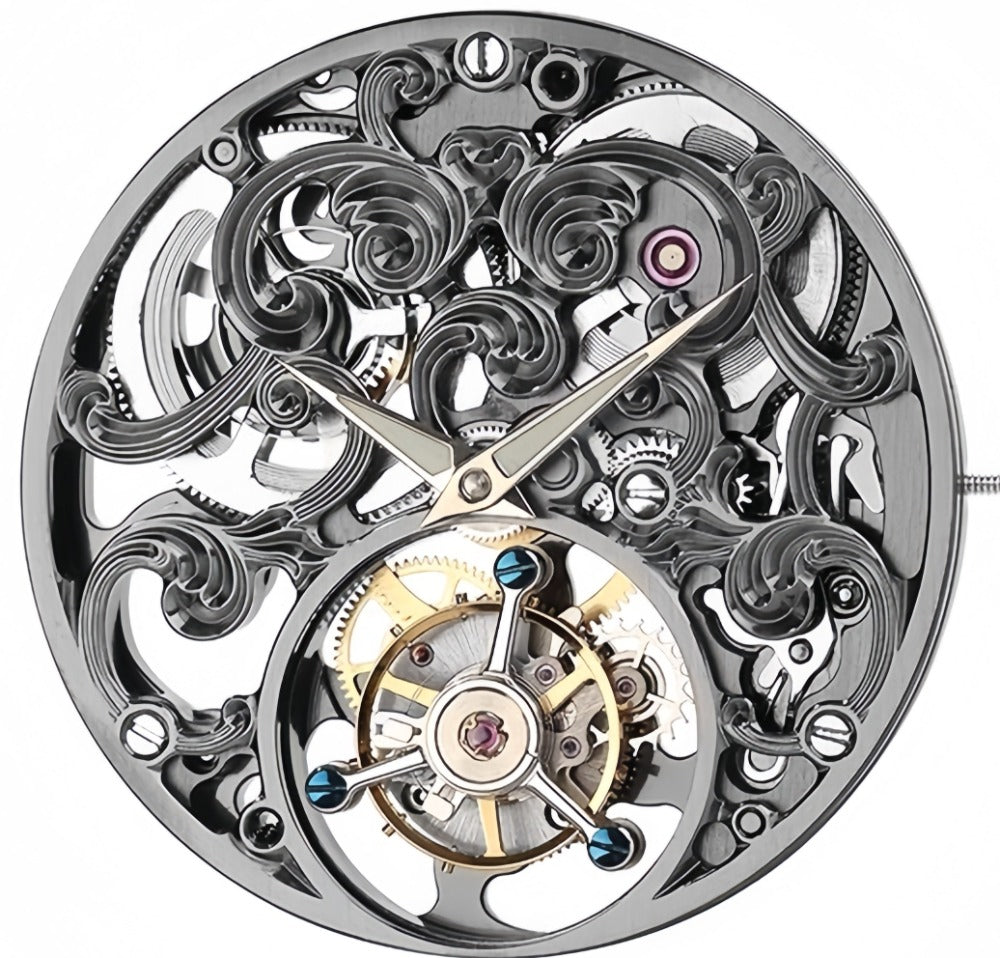 Hangzhou 3451D mechanical watch movement with 2 hands, hollow hand-winding flywheel by China Made.