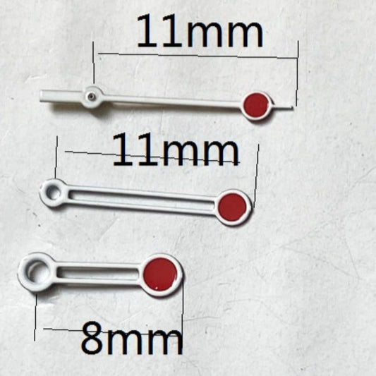 Aiguilles de montre creuses pointues rouges à bordure blanche 11 x 11 x 8 mm pour mouvement à quartz Miyota 2035