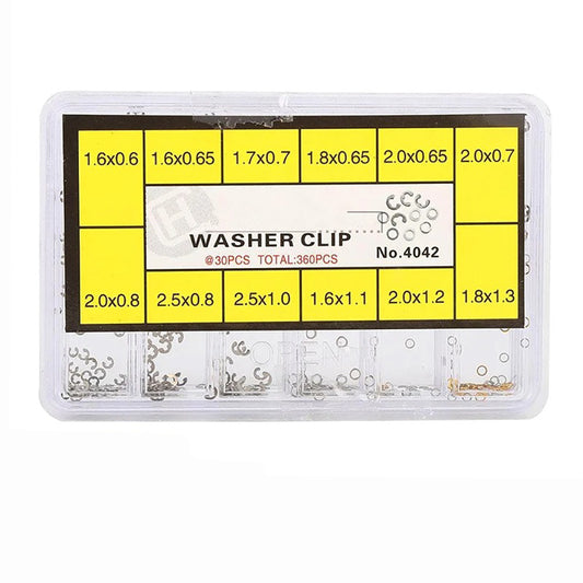 360pcs watch washer clip set with 12 sizes, ideal for chronograph repair and watch pusher button adjustment.