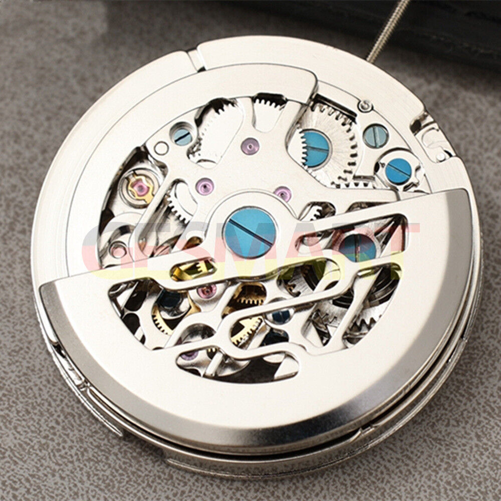 Dandong Silver automatic mechanical watch with hollow dial showcasing small seconds at 9 o'clock angle.