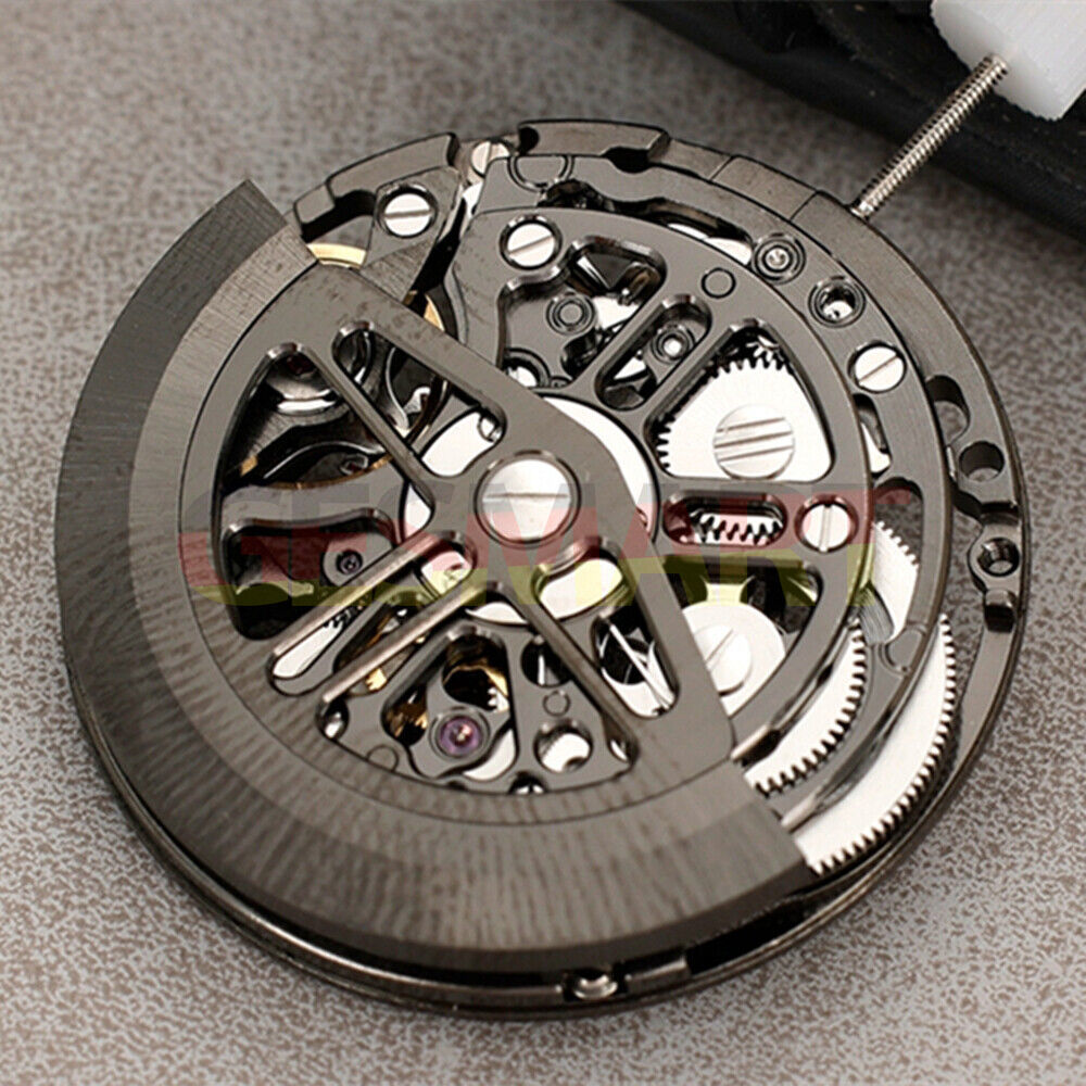 Asian HZ7590D black hollow balance wheel showcasing precise automatic mechanical movement design.
