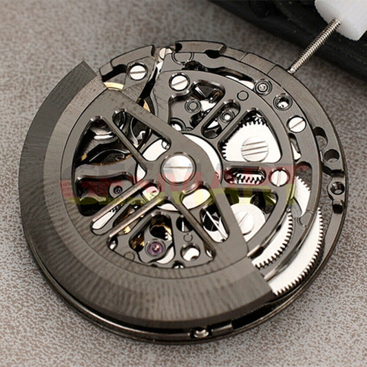 Asian HZ7590D black hollow balance wheel showcasing precise automatic mechanical movement design.