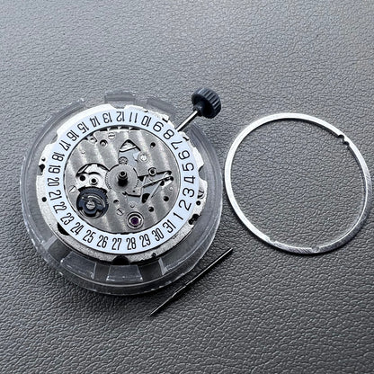Japan Miyota 8215 silver plated automatic watch movement with date at 6 o?clock, precise mechanical design.