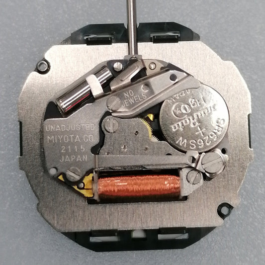 Miyota 2115 quartz movement with 3 hands and black disk, ideal for precise watch repairs.