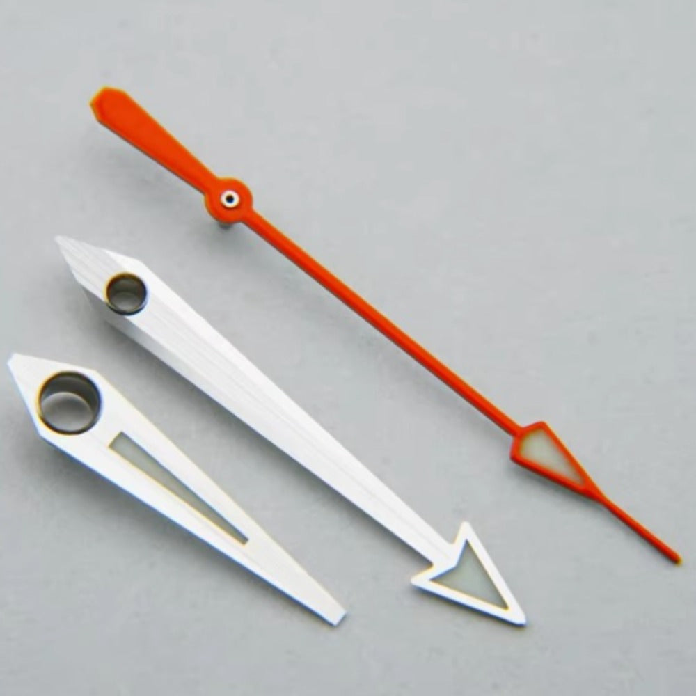 Silver and red watch hands for ETA2824 movement, compatible with Omega 150 Series, precise timekeeping.